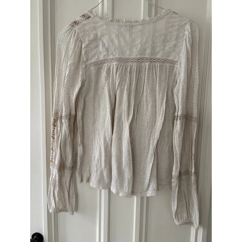 Lucky Brand womens Beige Multicolor Embroidered boho peasant blouse S - Picture 4 of 5